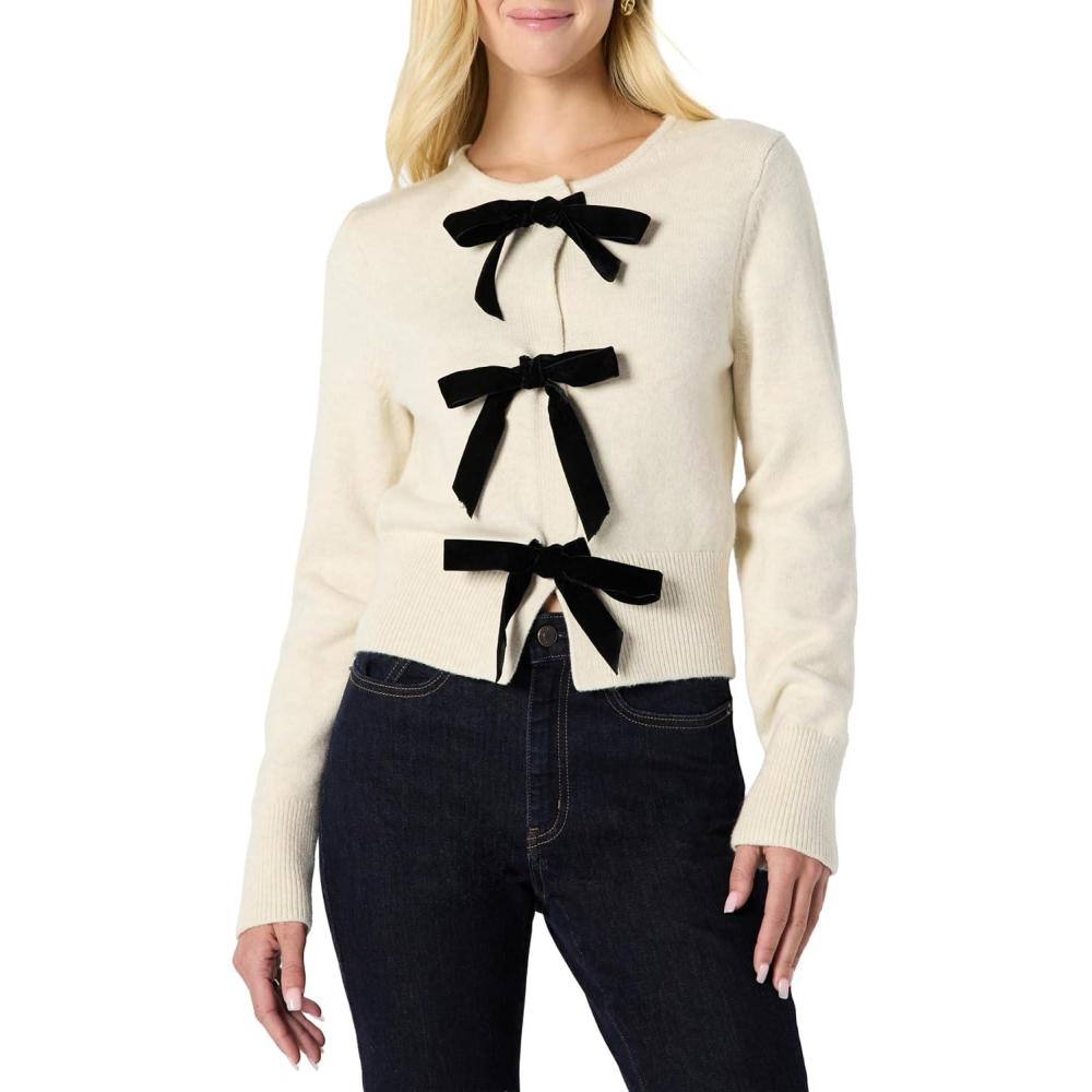 imageAmazon Essentials Womens RegularFit LongSleeve Tie Front Cardigan with BowsOatmeal Heather