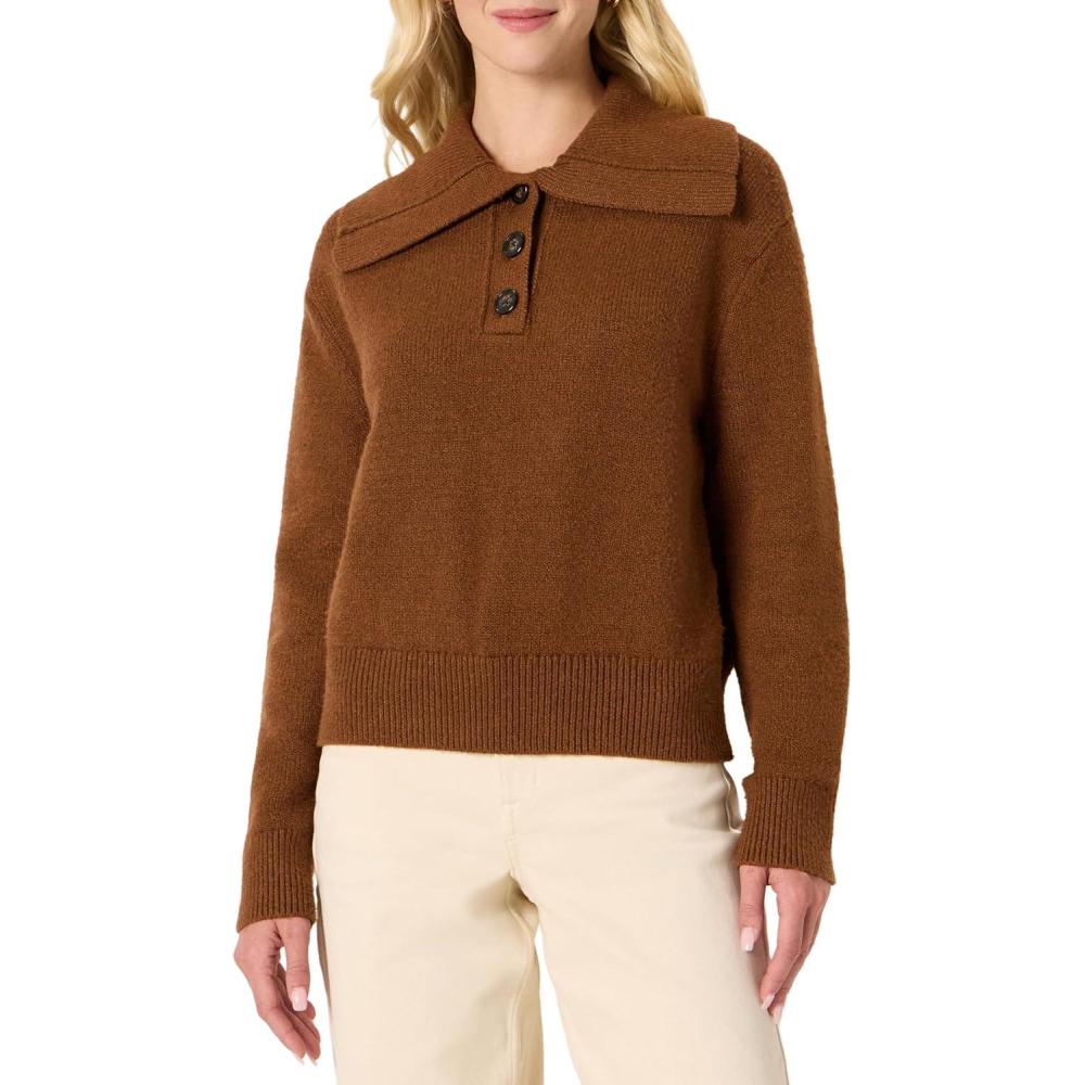imageAmazon Essentials Womens RelaxedFit Button Collar SweaterCaramel Heather