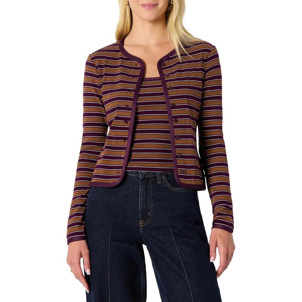 imageAmazon Essentials Womens SlimFit Ribbed Cardigan ampamp Cami Set with Removable StrapsBurgundy Brown Stripe