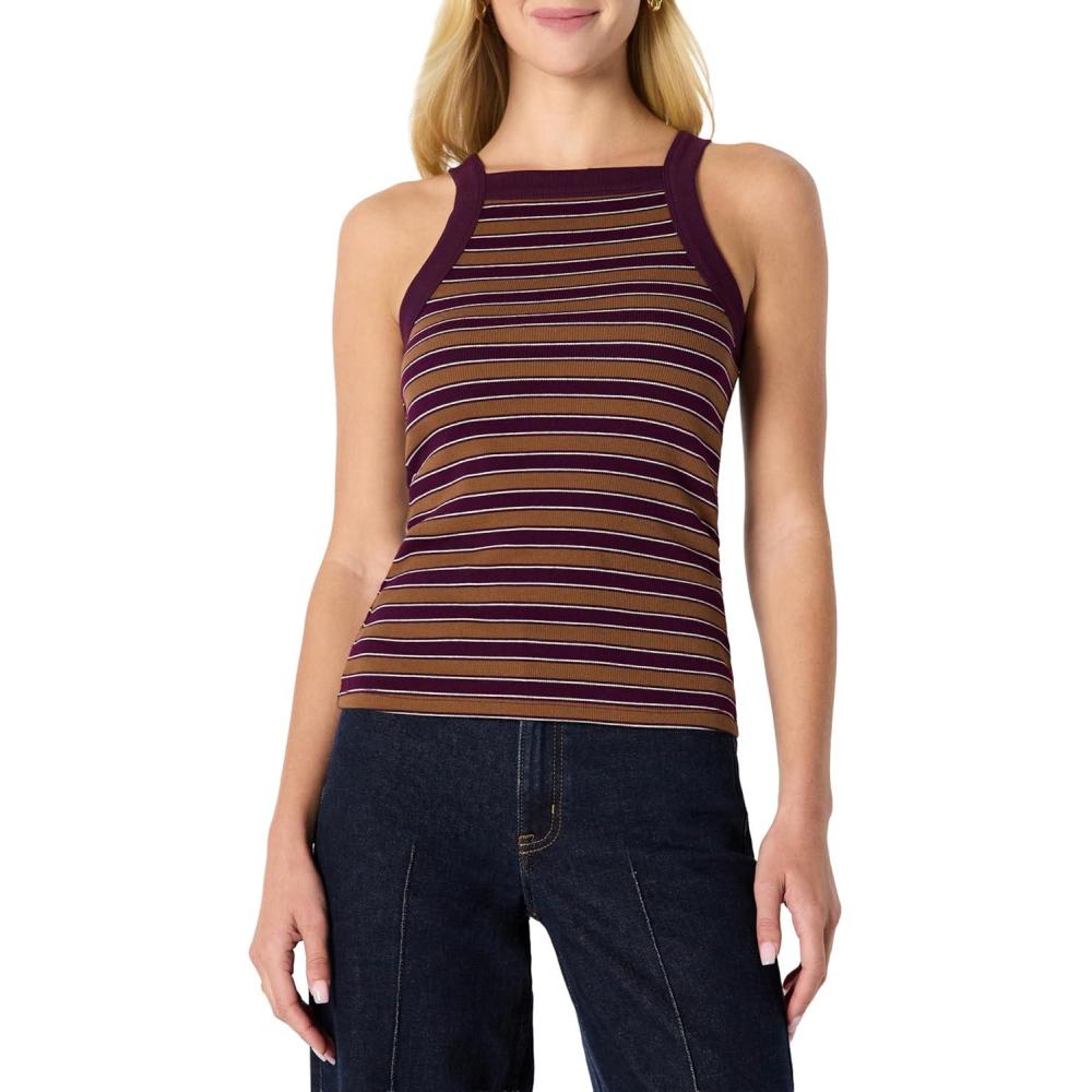imageAmazon Essentials Womens SlimFit Stretch Rib HighNeck TankBurgundy Brown Stripe