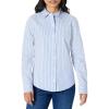 imageAmazon Essentials Womens RegularFit Stretch Poplin ButtonUp Dress ShirtWhite Blue Mini Stripe