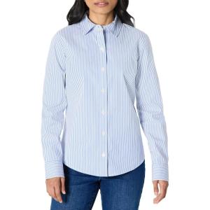 imageAmazon Essentials Womens RegularFit Stretch Poplin ButtonUp Dress ShirtWhite Blue Mini Stripe