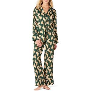 imageAmazon Essentials womens Satin Long Sleeve Shirt and Pant Pajama SetDark Green Beige Zebra
