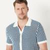 image:imageAmazon Essentials Mens RelaxedFit Short Sleeve ButtonDown Resort Knit Button Down ShirtDark Blue Stripe Knit