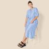 image:imageAmazon Essentials Womens Fit and Flare HalfSleeve Waisted Midi ALine Dress with PocketsFrench BlueWhite Stripe
