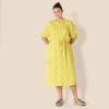 image:imageAmazon Essentials Womens Fit and Flare HalfSleeve Waisted Midi ALine Dress with PocketsWhite Yellow Petal Print