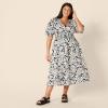 image:imageAmazon Essentials Womens RegularFit Cotton Sateen Puff Sleeve Midi Dress VNeckBlack Ivory Folk Floral