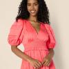 image:imageAmazon Essentials Womens RegularFit Cotton Sateen Puff Sleeve Midi Dress VNeckCoral Pink