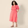 image:imageAmazon Essentials Womens RegularFit Cotton Sateen Puff Sleeve Midi Dress VNeckCoral Pink