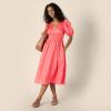 image:imageAmazon Essentials Womens RegularFit Cotton Sateen Puff Sleeve Midi Dress VNeckCoral Pink