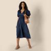 image:imageAmazon Essentials Womens RegularFit Cotton Sateen Puff Sleeve Midi Dress VNeckNavy