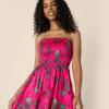 image:imageAmazon Essentials Womens RegularFit Cotton Sateen Smocked Bodice Short DressHot Pink Red Leafy Floral