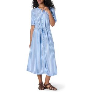 image:imageAmazon Essentials Womens Fit and Flare HalfSleeve Waisted Midi ALine Dress with PocketsBlue White French Stripe
