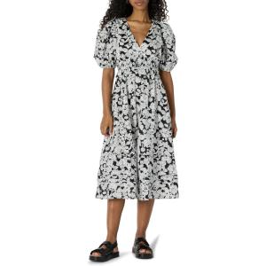 image:imageAmazon Essentials Womens RegularFit Cotton Sateen Puff Sleeve Midi Dress VNeckBlack Ivory Folk Floral