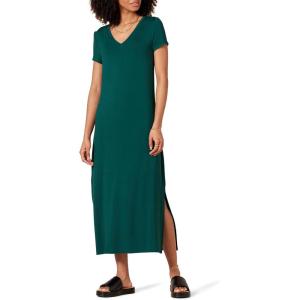 image:imageAmazon Essentials Womens Stretchy Jersey VNeck Short Sleeve Midi Length DressDark Green