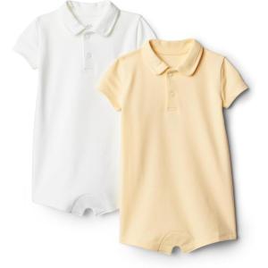 image:imageAmazon Essentials x Sofia Grainge Baby Boys Short Sleeve Cotton Polo Romper Pack of 2Light TanWhite