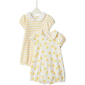 image:imageAmazon Essentials x Sofia Grainge Baby Girls Cotton Short Sleeve Romper with Peter Pan CollarLemonUneven Stripe