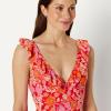 image:imageAmazon Essentials Womens Ruffle VNeck OnePiece SwimsuitBright Poppy Red Folk Floral