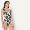 image:imageAmazon Essentials Womens Ruffle VNeck OnePiece SwimsuitCream Black Floral