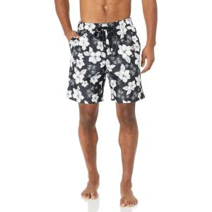 image:imageAmazon Essentials Mens 9 Swim Trunks with Mesh Lining Pockets Drawstring ClosureBlack Hibiscus Flower