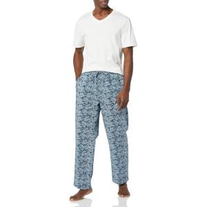 image:imageAmazon Essentials Mens Cotton Poplin Pajama Set with Cotton Jersey TShirtBlue Palm LeafWhite