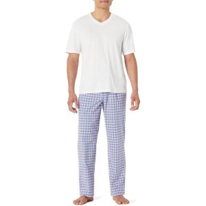 image:imageAmazon Essentials Mens Cotton Poplin Pajama Set with Cotton Jersey TShirtCheckIvory