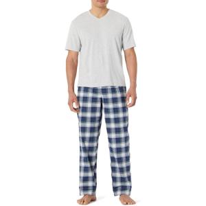 image:imageAmazon Essentials Mens Cotton Poplin Pajama Set with Cotton Jersey TShirtCountry PlaidLight Grey Heather