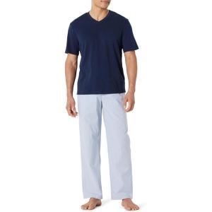 image:imageAmazon Essentials Mens Cotton Poplin Pajama Set with Cotton Jersey TShirtNavyThin Stripe