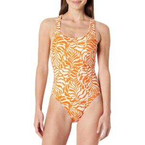 image:imageAmazon Essentials Womens CrissCross Back OnePiece SwimsuitRust Orange Abstract Palms