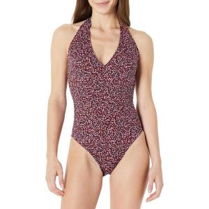 image:imageAmazon Essentials Womens Halter One Piece SwimsuitBrick Red Lilac Leopard