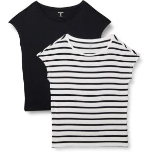 image:imageAmazon Essentials Womens Jersey RegularFit ShortSleeve BoatNeck TShirtBlackWhite French Stripe