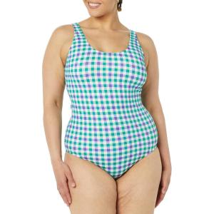image:imageAmazon Essentials Womens OnePiece Scoop Neck Coverage Swimsuit Available in Plus SizeBlue Green Gingham