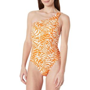 image:imageAmazon Essentials Womens OneShoulder OnePiece SwimsuitRust Orange Abstract Palms