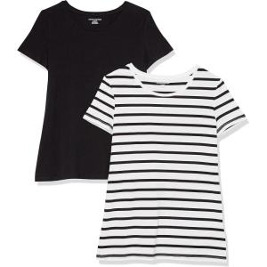 image:imageAmazon Essentials Womens RegularFit ShortSleeve TShirt Crewneck and VNeck Options MultipacksBlackWhite Stripe