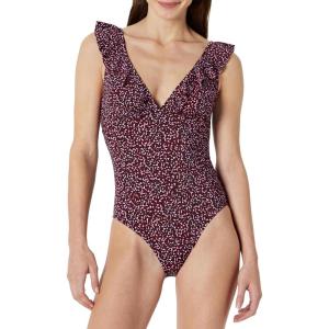 image:imageAmazon Essentials Womens Ruffle VNeck OnePiece SwimsuitBrick Red Lilac Leopard