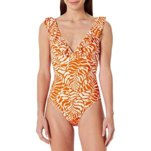 image:imageAmazon Essentials Womens Ruffle VNeck OnePiece SwimsuitRust Orange Abstract Palms