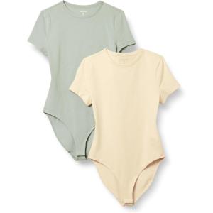 image:imageAmazon Essentials Womens Short Sleeve Stretch Cotton Jersey SlimFit TShirt Bodysuit Pack of 2BeigeLight Sage Green
