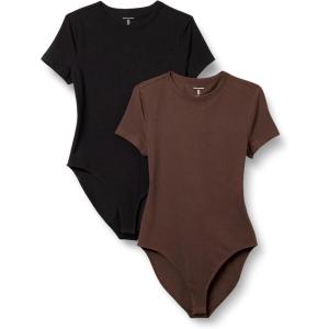 image:imageAmazon Essentials Womens Short Sleeve Stretch Cotton Jersey SlimFit TShirt Bodysuit Pack of 2BlackBrown