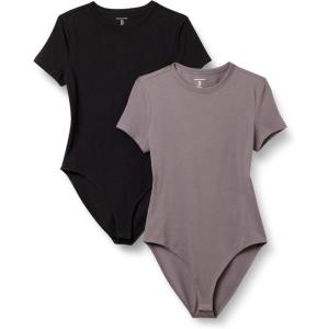 image:imageAmazon Essentials Womens Short Sleeve Stretch Cotton Jersey SlimFit TShirt Bodysuit Pack of 2BlackGrey