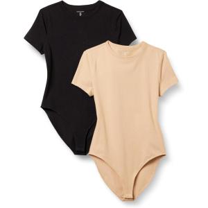 image:imageAmazon Essentials Womens Short Sleeve Stretch Cotton Jersey SlimFit TShirt Bodysuit Pack of 2BlackLight Camel