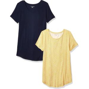 image:imageAmazon Essentials Womens ShortSleeve Scoopneck Tunic Tops Pack of 2NavyYellow Tulips