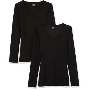 image:imageAmazon Essentials Womens SlimFit Long Sleeve VNeck Knit Rib Shirts Pack of 2Black