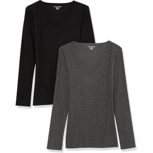 image:imageAmazon Essentials Womens SlimFit Long Sleeve VNeck Knit Rib Shirts Pack of 2BlackCharcoal Heather