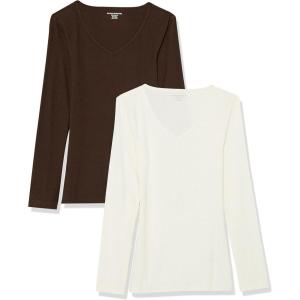 image:imageAmazon Essentials Womens SlimFit Long Sleeve VNeck Knit Rib Shirts Pack of 2Eggshell WhiteEspresso