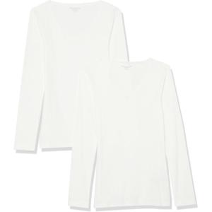 image:imageAmazon Essentials Womens SlimFit Long Sleeve VNeck Knit Rib Shirts Pack of 2White