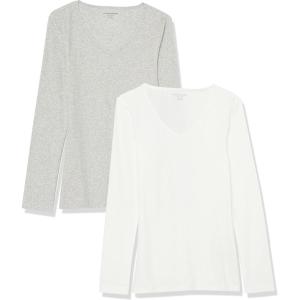 image:imageAmazon Essentials Womens SlimFit Long Sleeve VNeck Knit Rib Shirts Pack of 2WhiteGrey