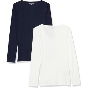 image:imageAmazon Essentials Womens SlimFit Long Sleeve VNeck Knit Rib Shirts Pack of 2WhiteNavy