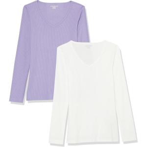 image:imageAmazon Essentials Womens SlimFit Long Sleeve VNeck Knit Rib Shirts Pack of 2WhitePurple