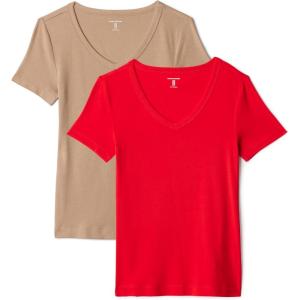 image:imageAmazon Essentials Womens SlimFit ShortSleeve VNeck TShirtBright Poppy RedTan
