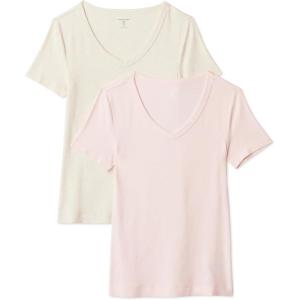 image:imageAmazon Essentials Womens SlimFit ShortSleeve VNeck TShirtOatmeal HeatherLight Pink